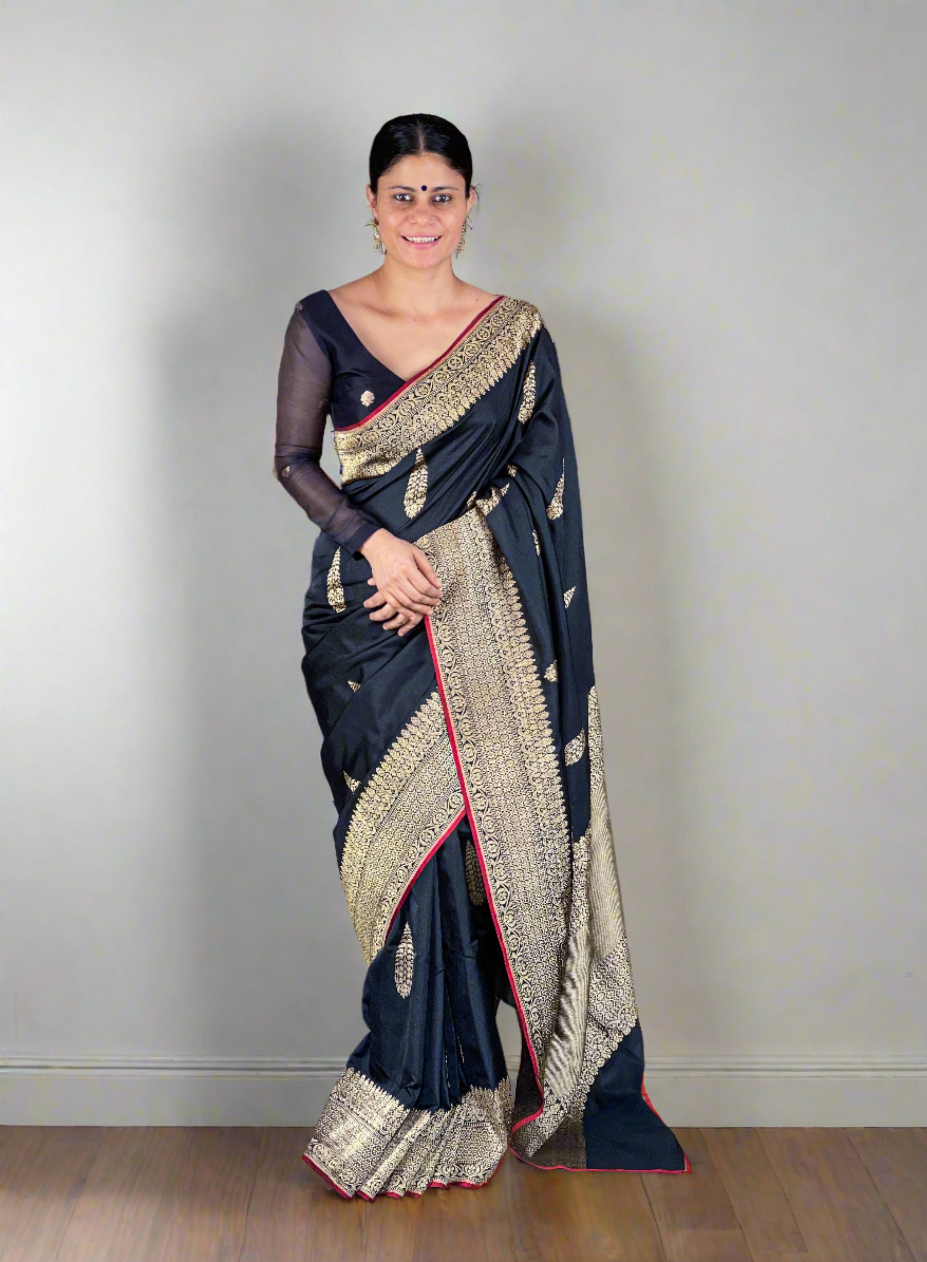 Black and Red Banarasi Katan Silk Banarasi Saree | Bengal Looms