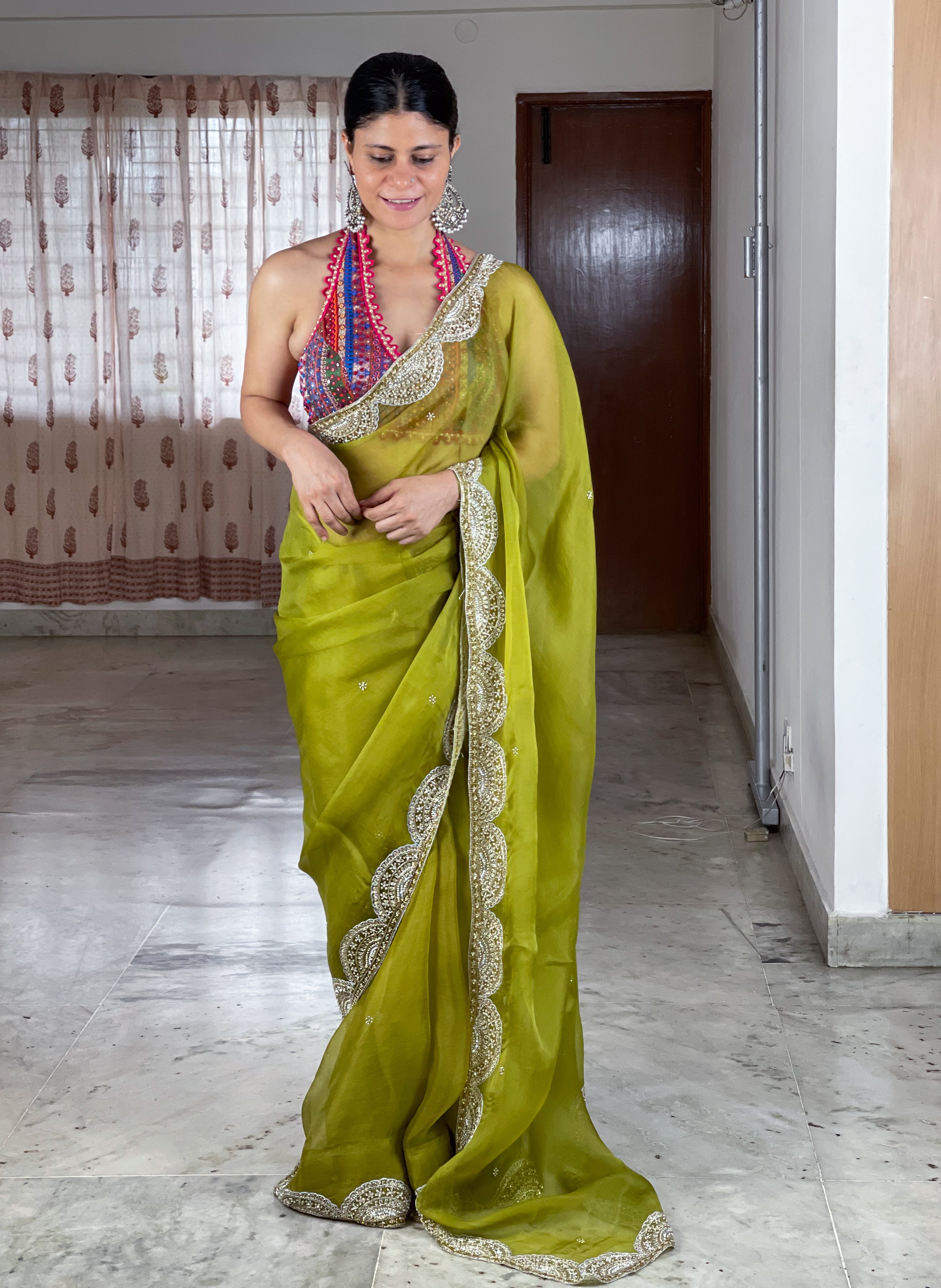 Yellow Sequence Work Cotton Silk Handloom Saree With B.P - DOT SAREE -  3376618