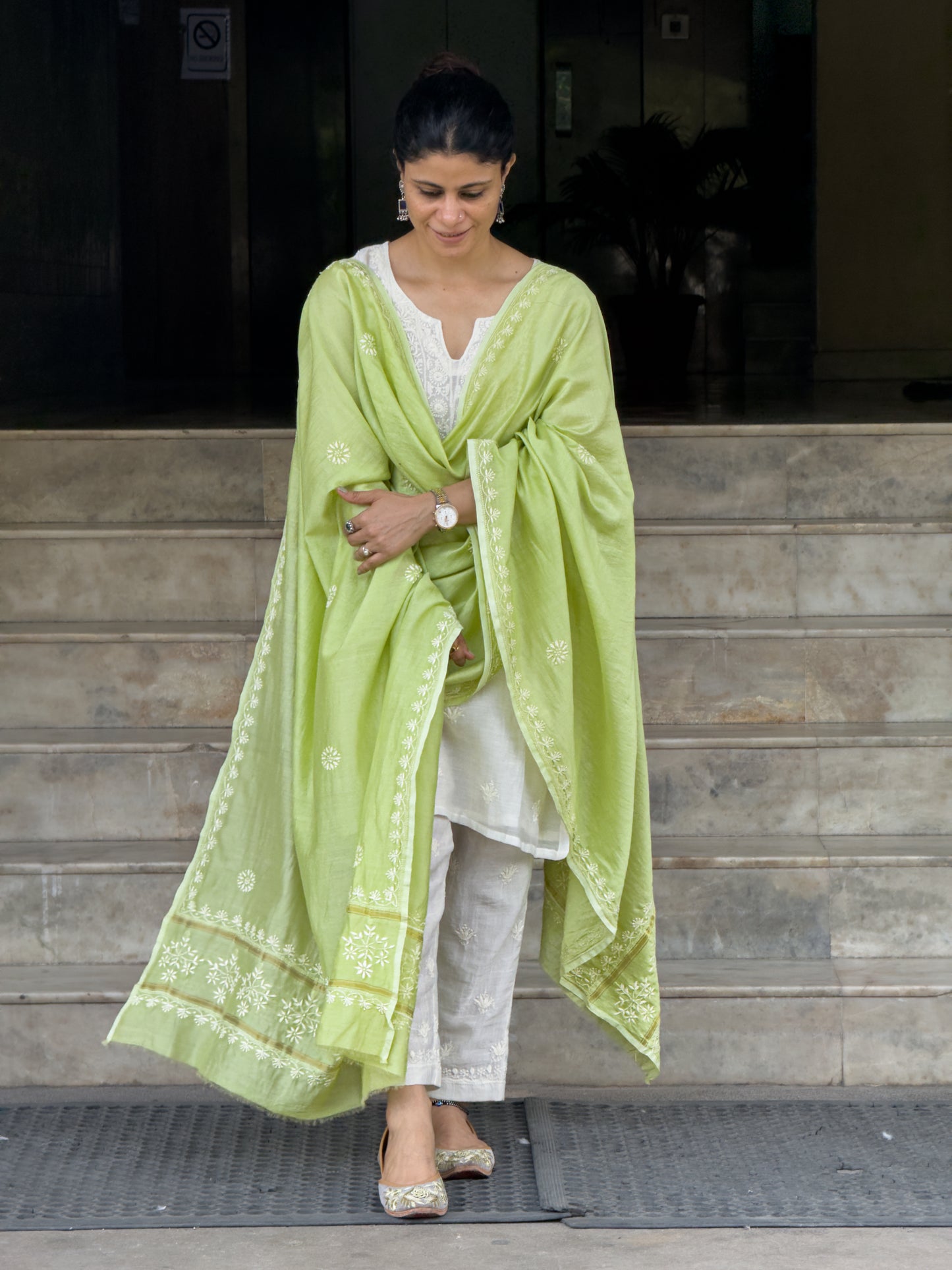 Chanderi Silk Handembroidered Chikankari Dupatta