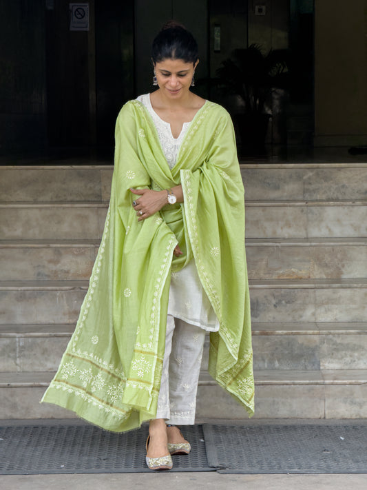 Chanderi Silk Handembroidered Chikankari Dupatta