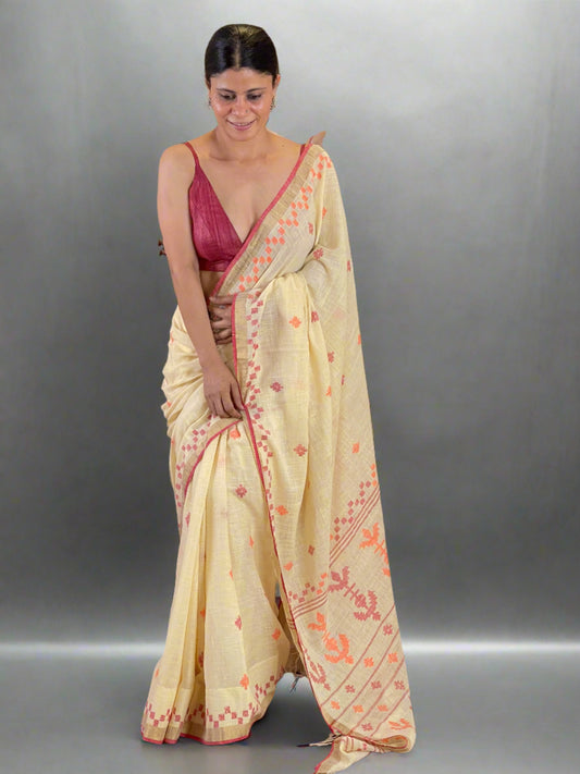 Handwoven Jamdani Linen Saree