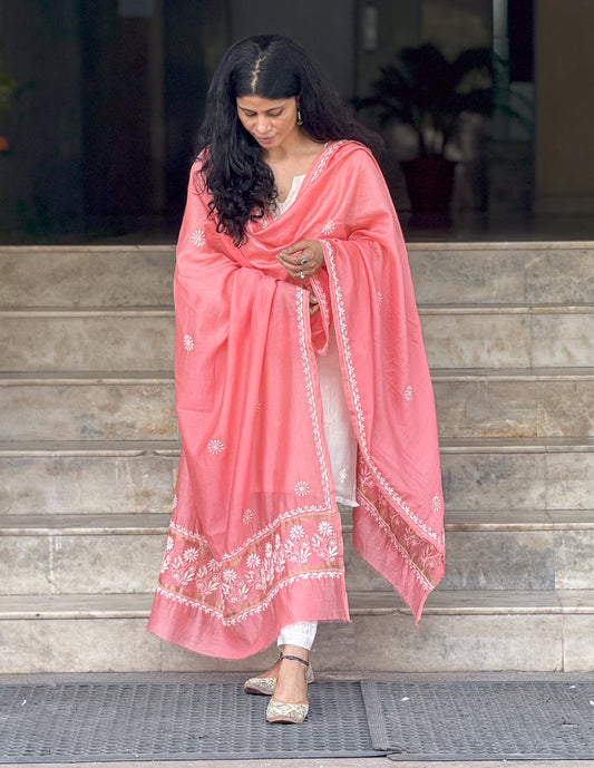 Chanderi Silk Handembroidered Chikankari Dupatta