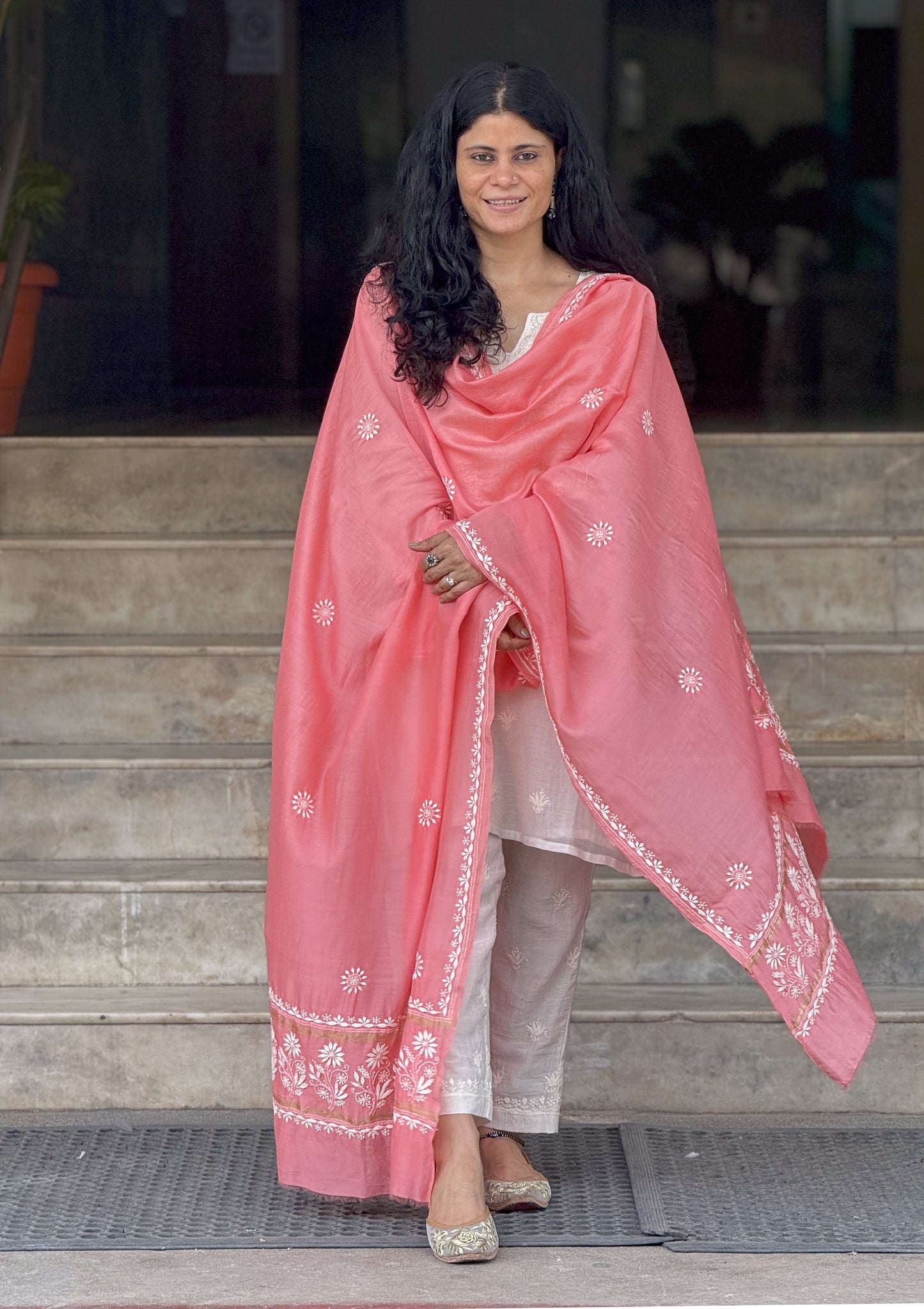 Chanderi Silk Handembroidered Chikankari Dupatta