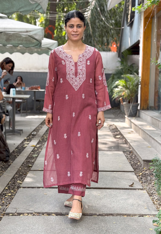 Handembroidered Chikankari Kota Doria Kurta