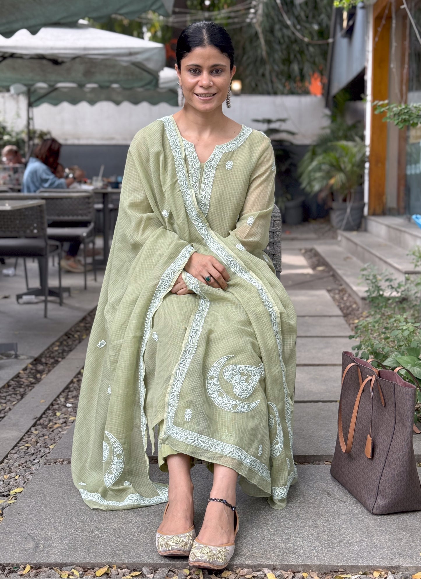 Handembroidered Chikankari Kota Doria dupatta