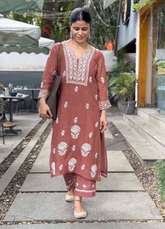 Handembroidered Chikankari Kota Doria Kurta