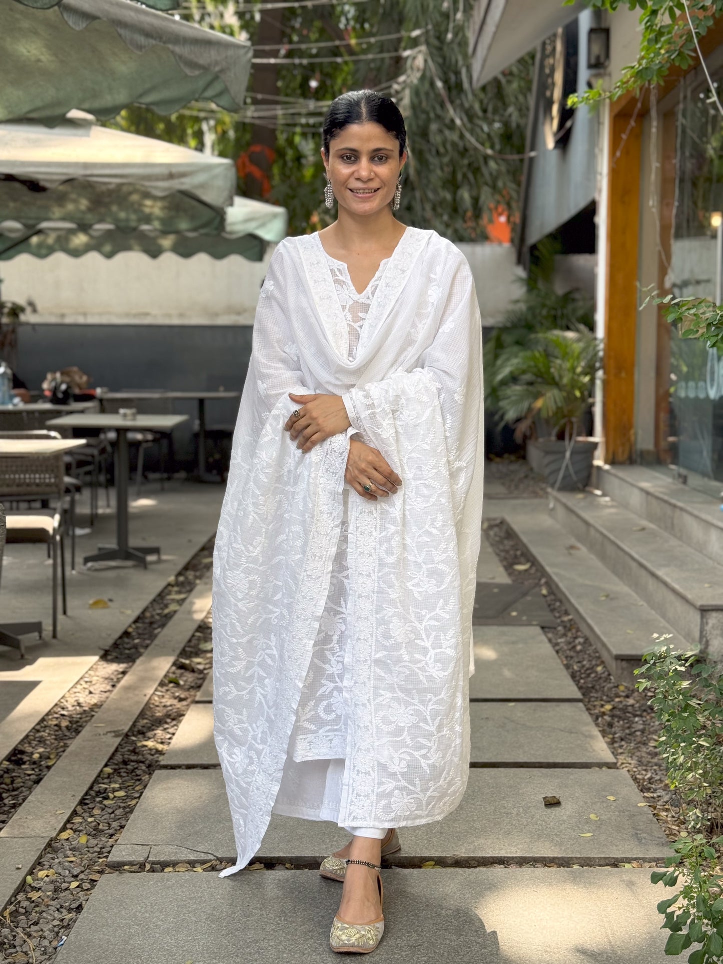 Handembroidered Chikankari Kota Doria Kurta With Dupatta