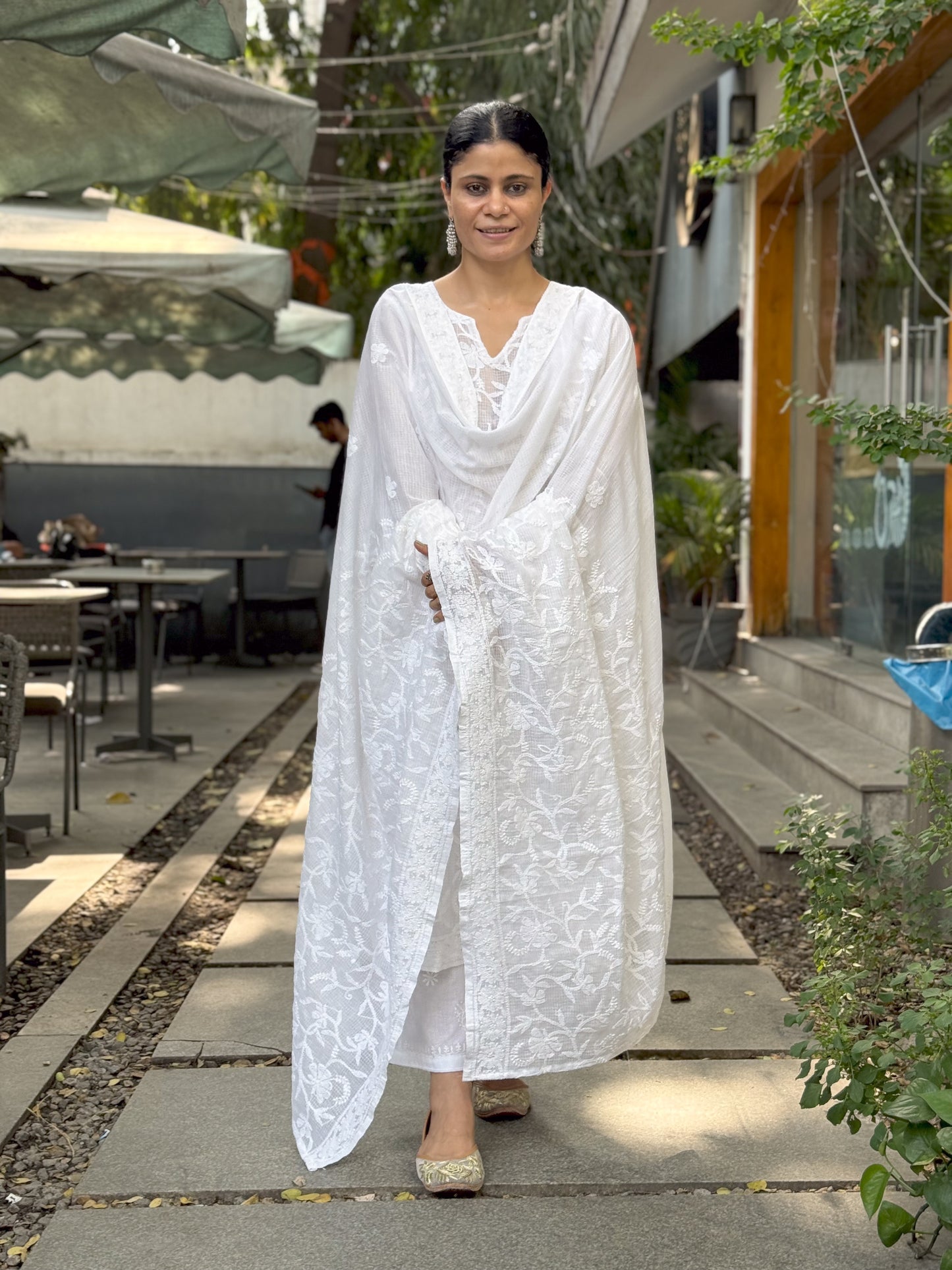 Handembroidered Chikankari Kota Doria Kurta With Dupatta