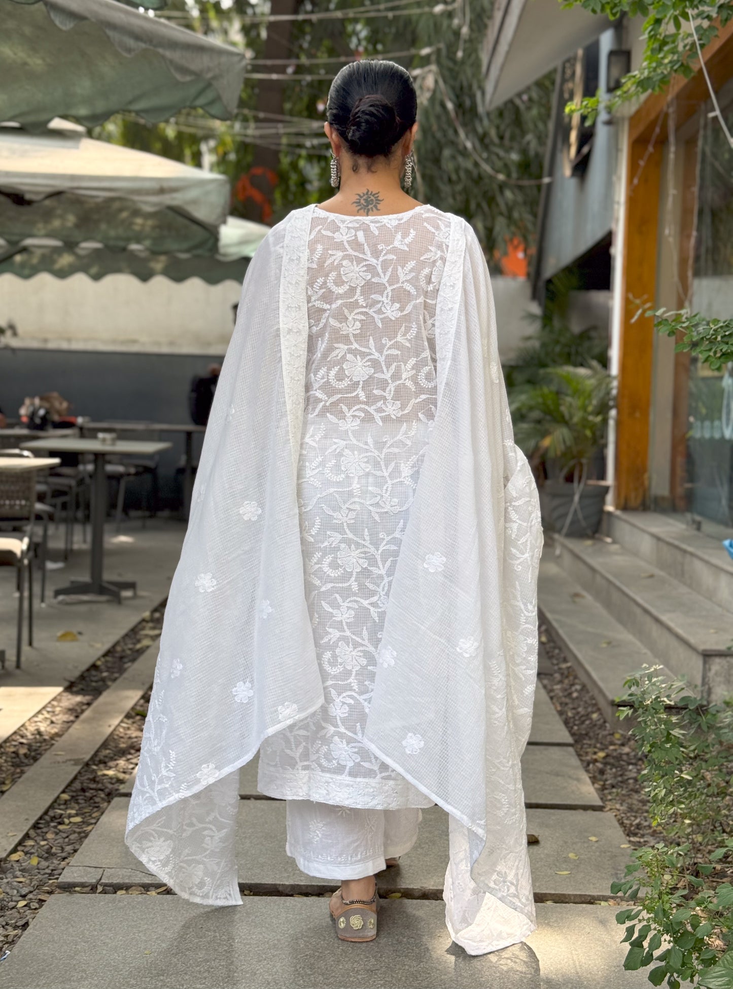 Handembroidered Chikankari Kota Doria Kurta With Dupatta