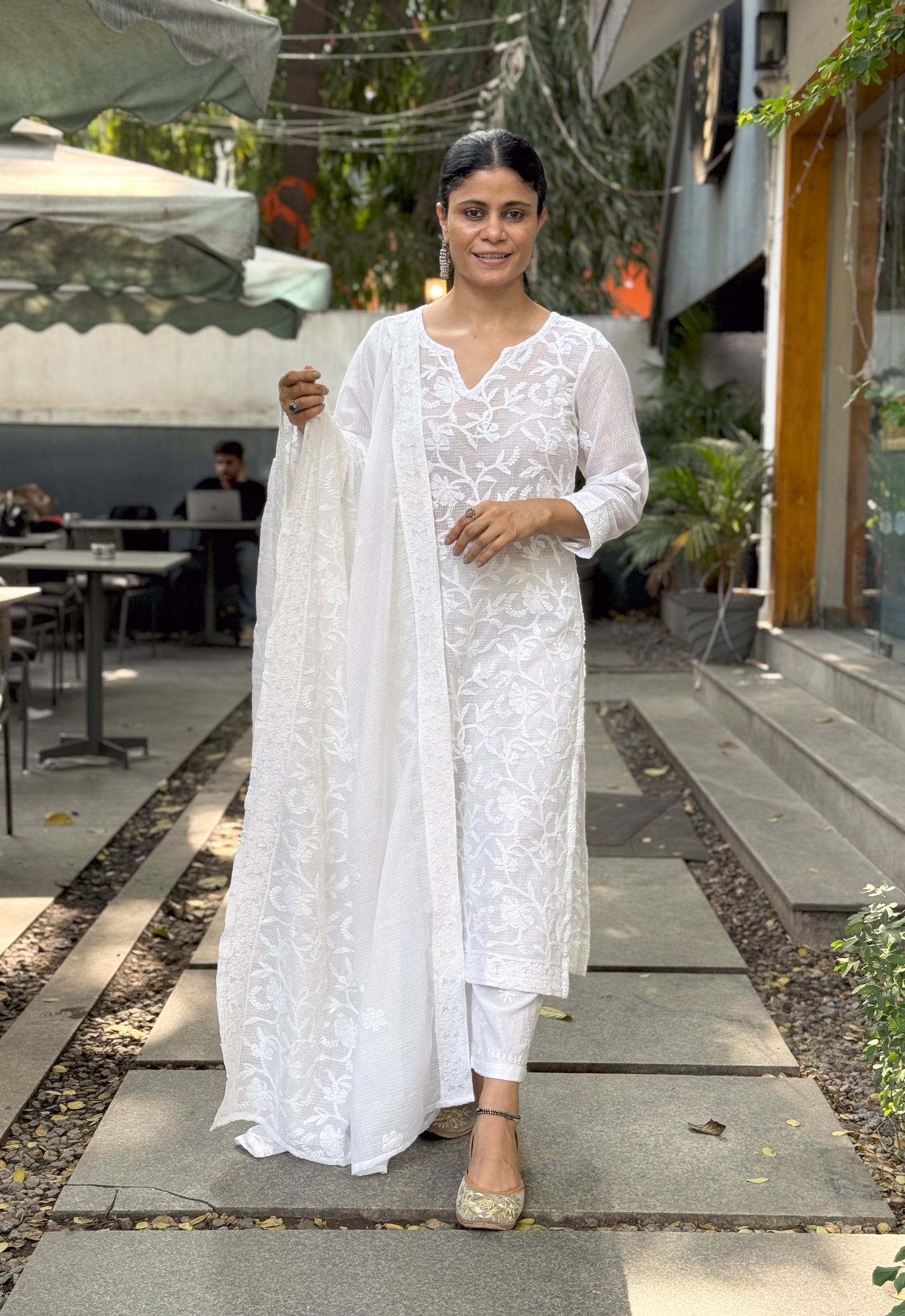 Handembroidered Chikankari Kota Doria Kurta With Dupatta