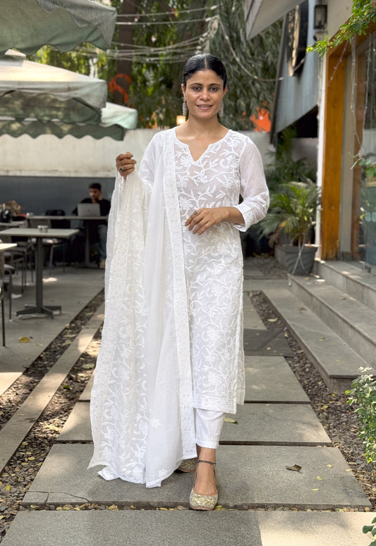 Handembroidered Chikankari Kota Doria Kurta With Dupatta