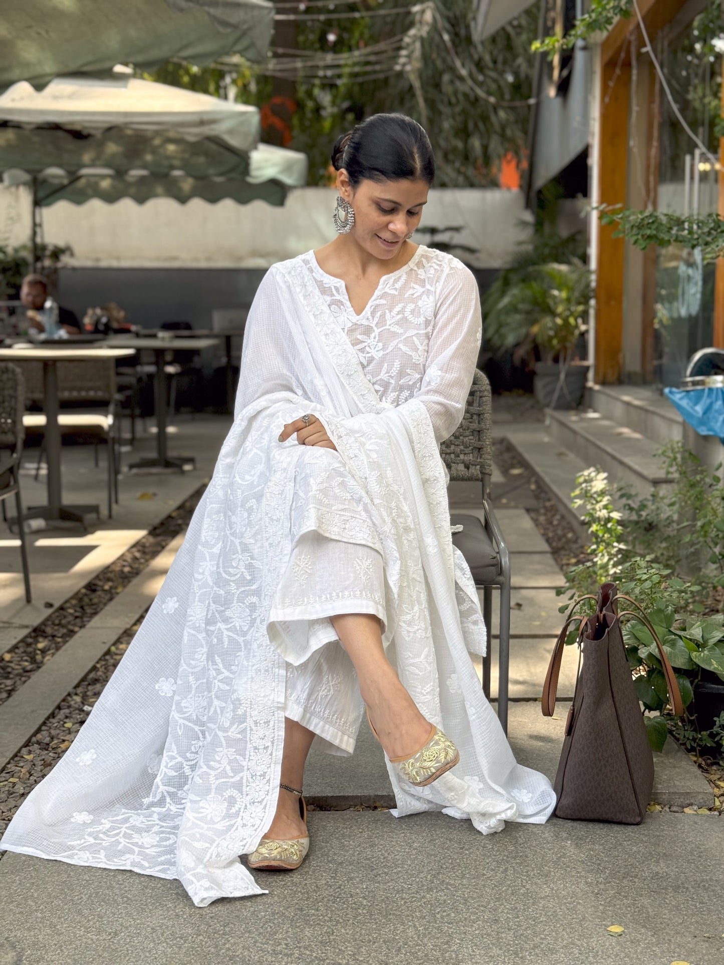 Handembroidered Chikankari Kota Doria Kurta With Dupatta