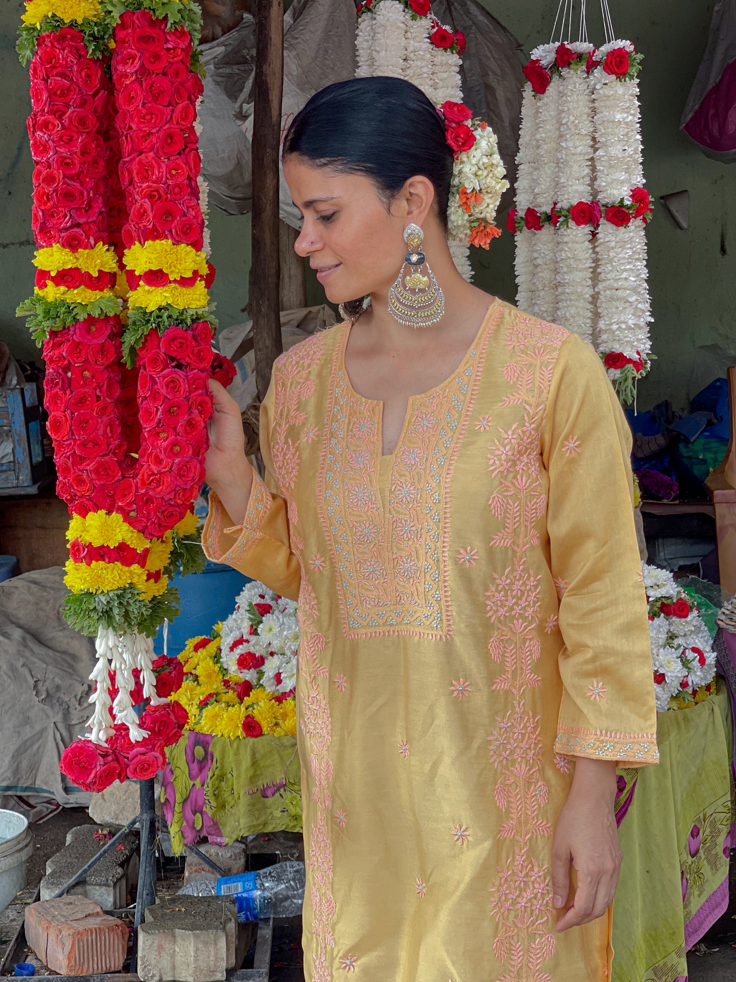 Handembroidered  Chikankari  Chanderi Silk Kurta With Dupatta