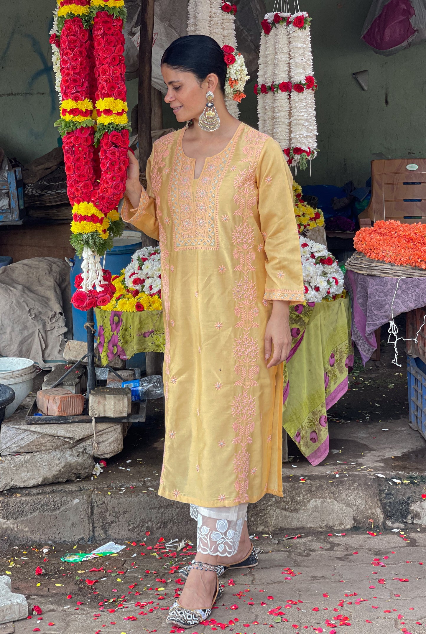 Handembroidered  Chikankari  Chanderi Silk Kurta With Dupatta