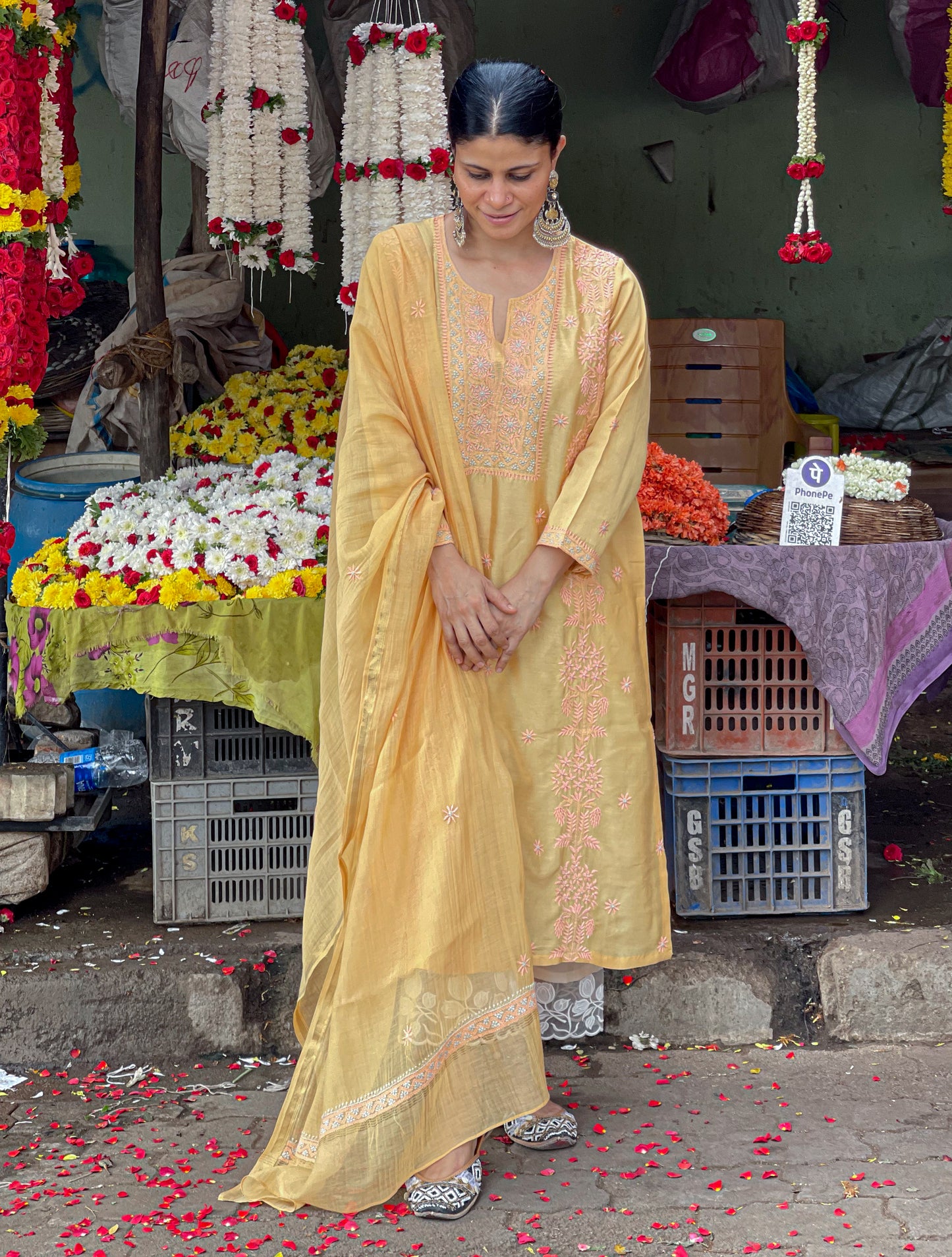 Handembroidered  Chikankari  Chanderi Silk Kurta With Dupatta