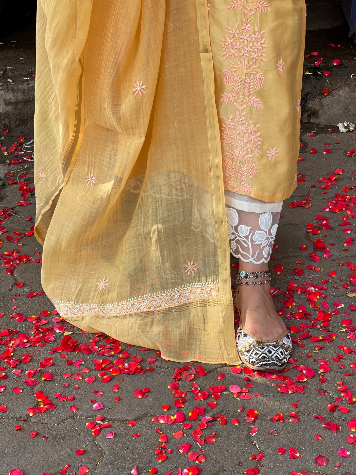 Handembroidered  Chikankari  Chanderi Silk Kurta With Dupatta