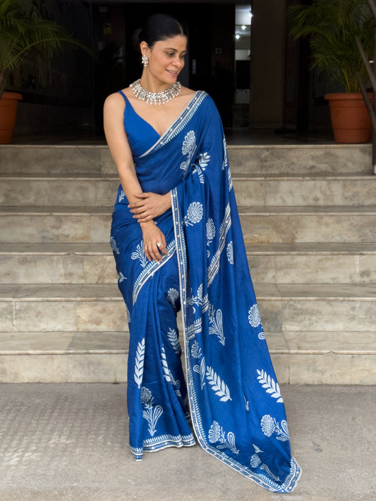 Handloom Hand Block Printed & Hand Embroidered Mulberry Silk Saree