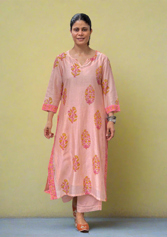 Handloom Hand Block Printed Chanderi Silk Kurta Set