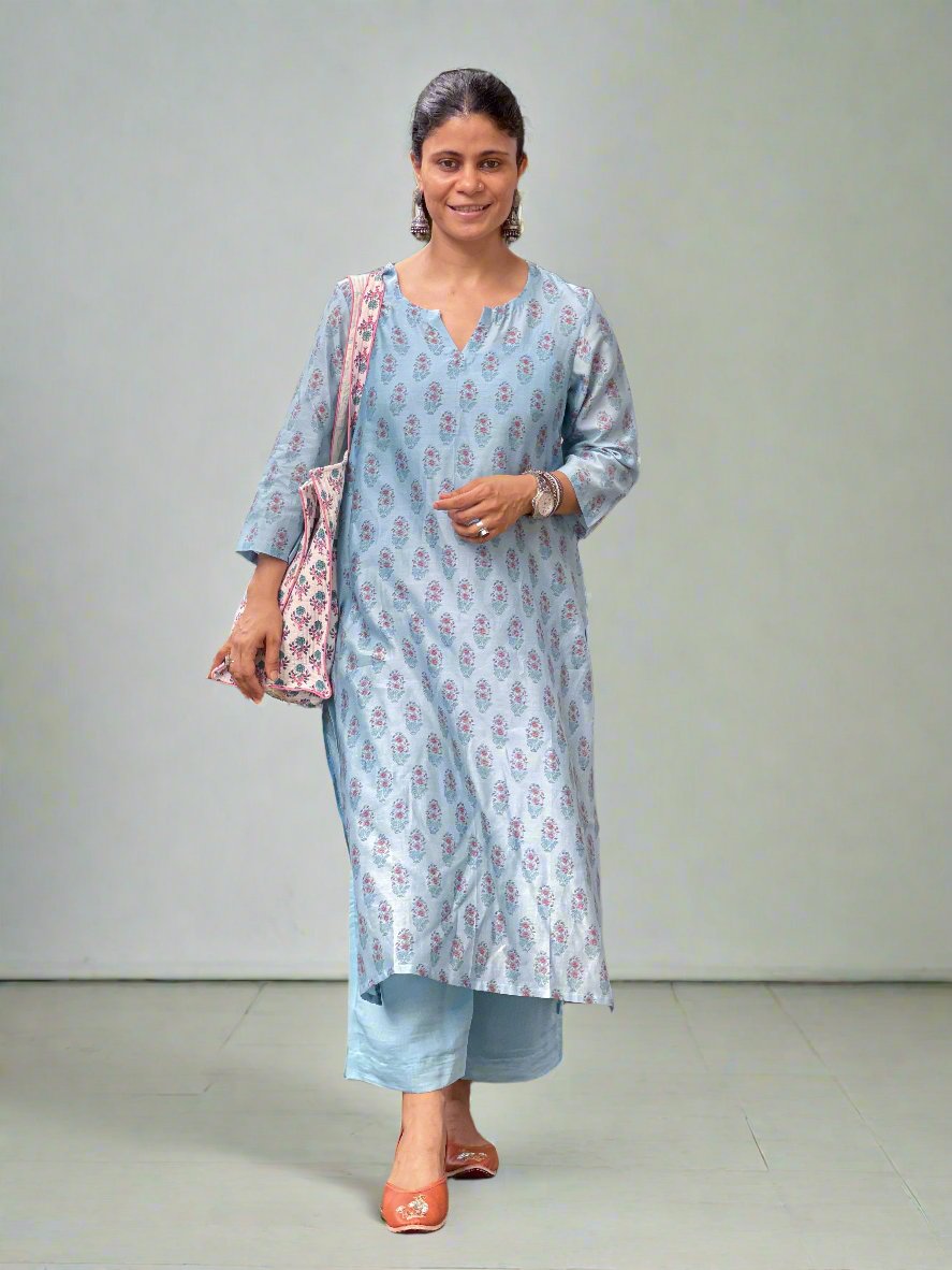 Handloom Hand Block Printed Chanderi Silk Kurta Set