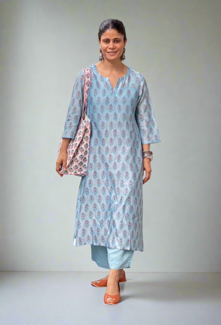 Handloom Hand Block Printed Chanderi Silk Kurta Set