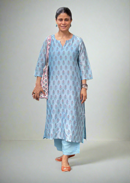 Handloom Hand Block Printed Chanderi Silk Kurta Set