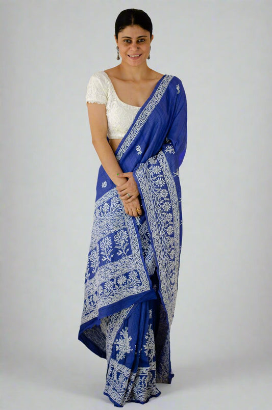 Pure handloom tussar silk saree with intricate hand embroidered chikankari in skirt border