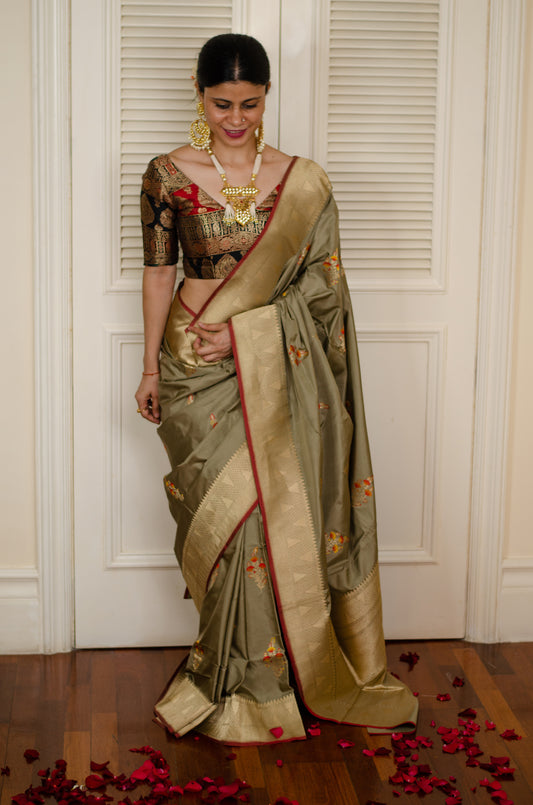 Mix of Sage Green  and Gray  Kadwa Meenakari Katan Handloom Banarasi Silk Saree.