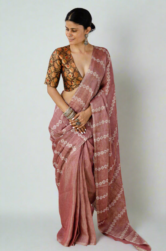 Magenta Colour Natural Dyed Handmade Arashi Shibori Metallic Linen Saree.