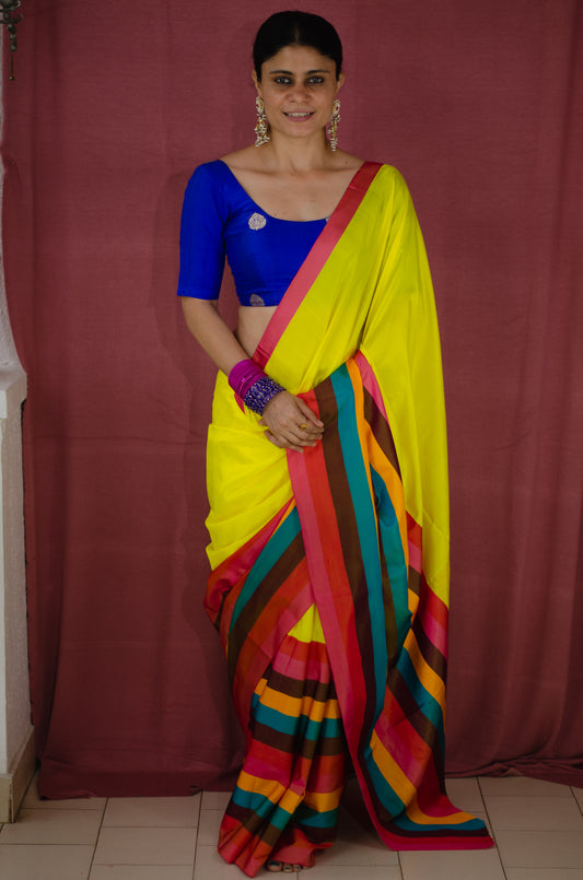 Yellow Colour With Multicolour Pure Mashroo Silk Handloom Chanderi Silk Saree with Zari Motifs.