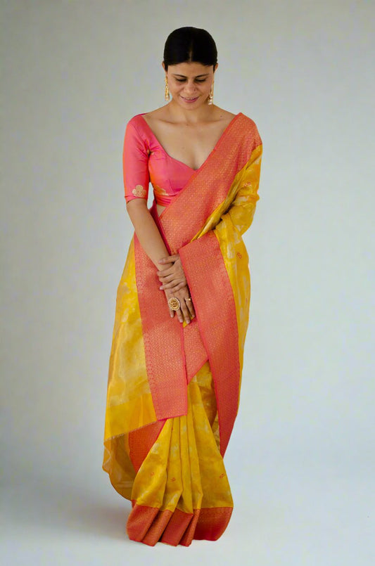 Yellow & Rani Border Colour Handloom Chanderi Pattu Silk Saree with Jaal motifs & mashru Border