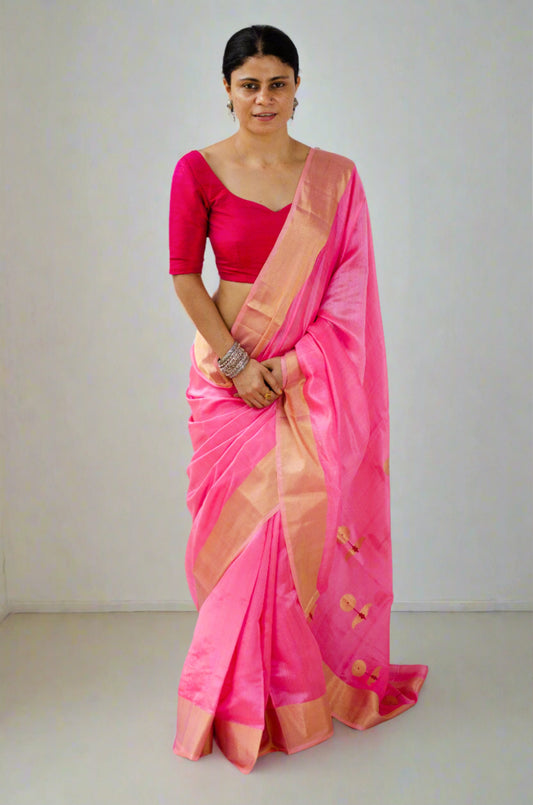 Handloom Pattu Silk Chanderi Saree With Motifs on Achal.