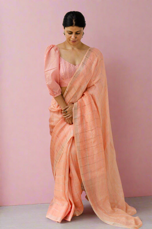 Handloom Linen Saree with zari check