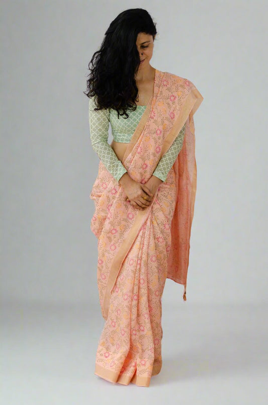 Handloom Linen Saree In Handblock Print.