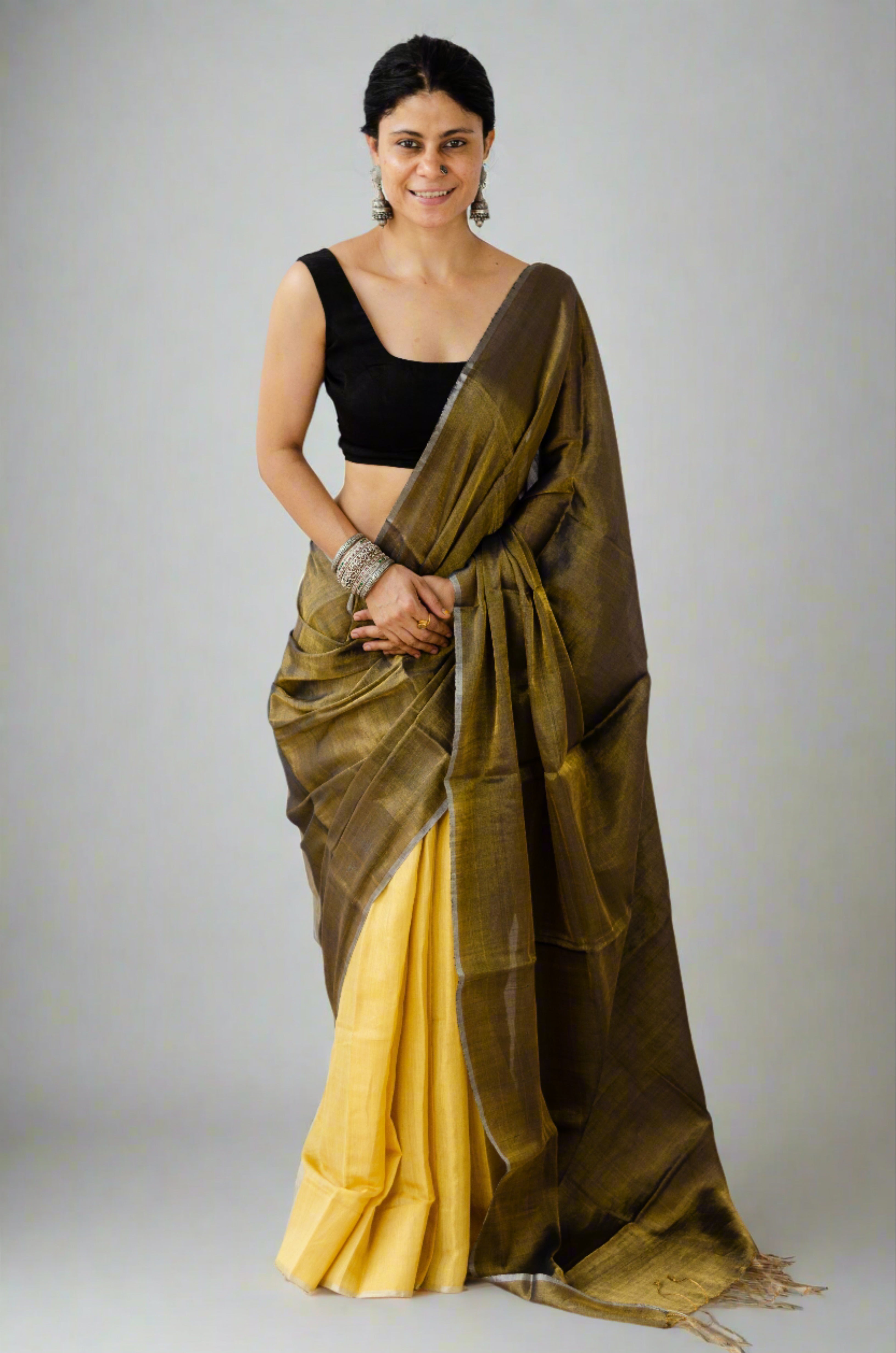 Golden Zari Border Linen Saree Manufacturer Supplier from Bhagalpur India