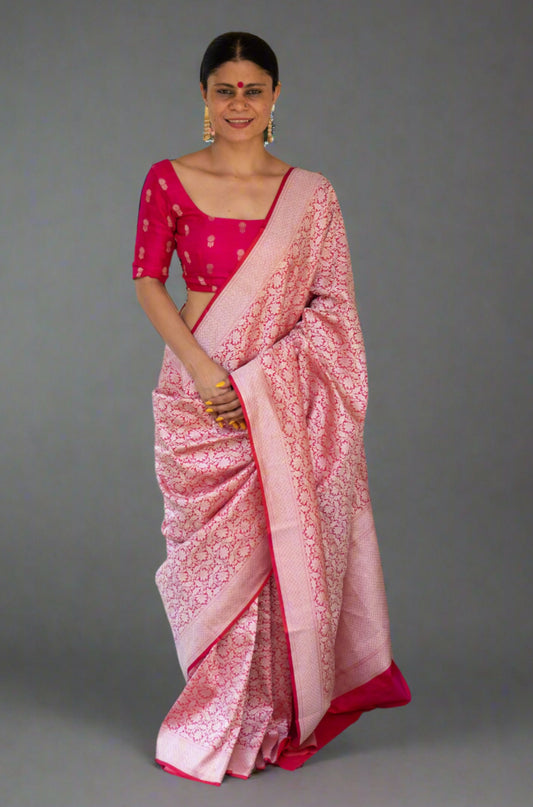 Pink Colour with Silver  Handloom brocade Katan Silk Banarasi Saree