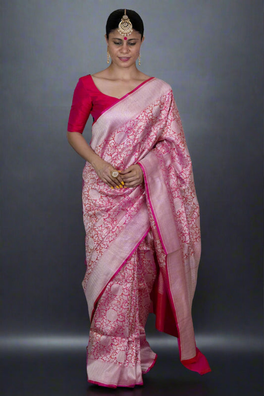 Pink  Colour with Silver  Handloom brocade Katan Silk Banarasi Saree