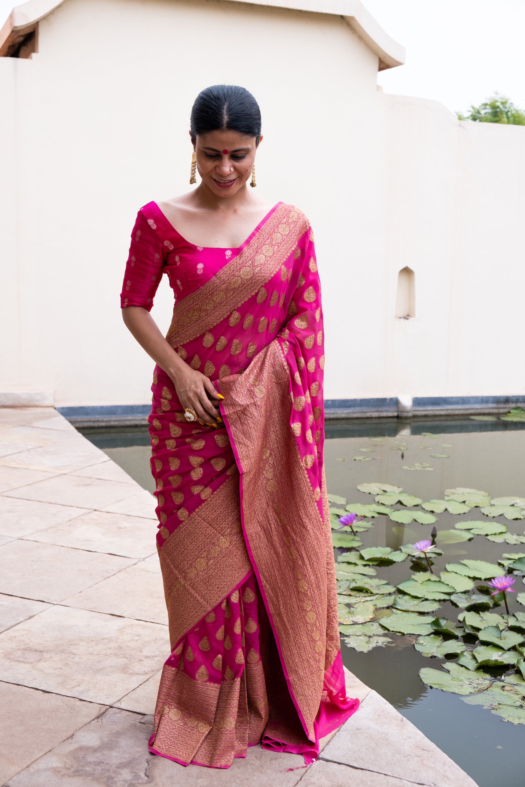 Rani Pink Woven Brasso Silk Saree With Blouse – Rushini