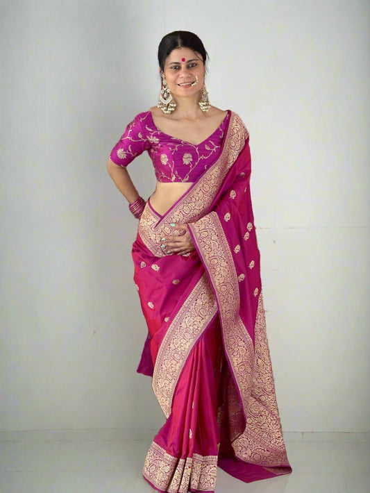 Magenta  Colour Handwoven Kadwa Katan Silk Banarasi Saree